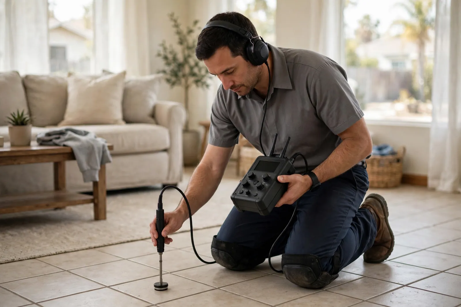 Technician locating a slab leak with professional detection equipment in a Whittier home