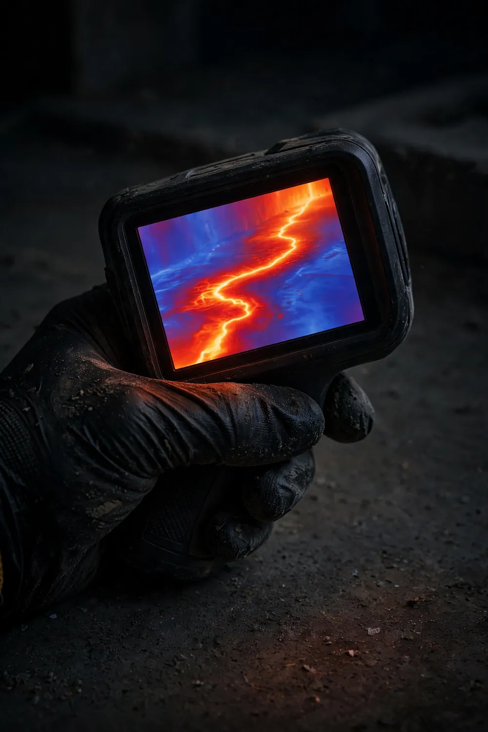 Thermal imaging camera revealing a hot water slab leak pattern in a floor