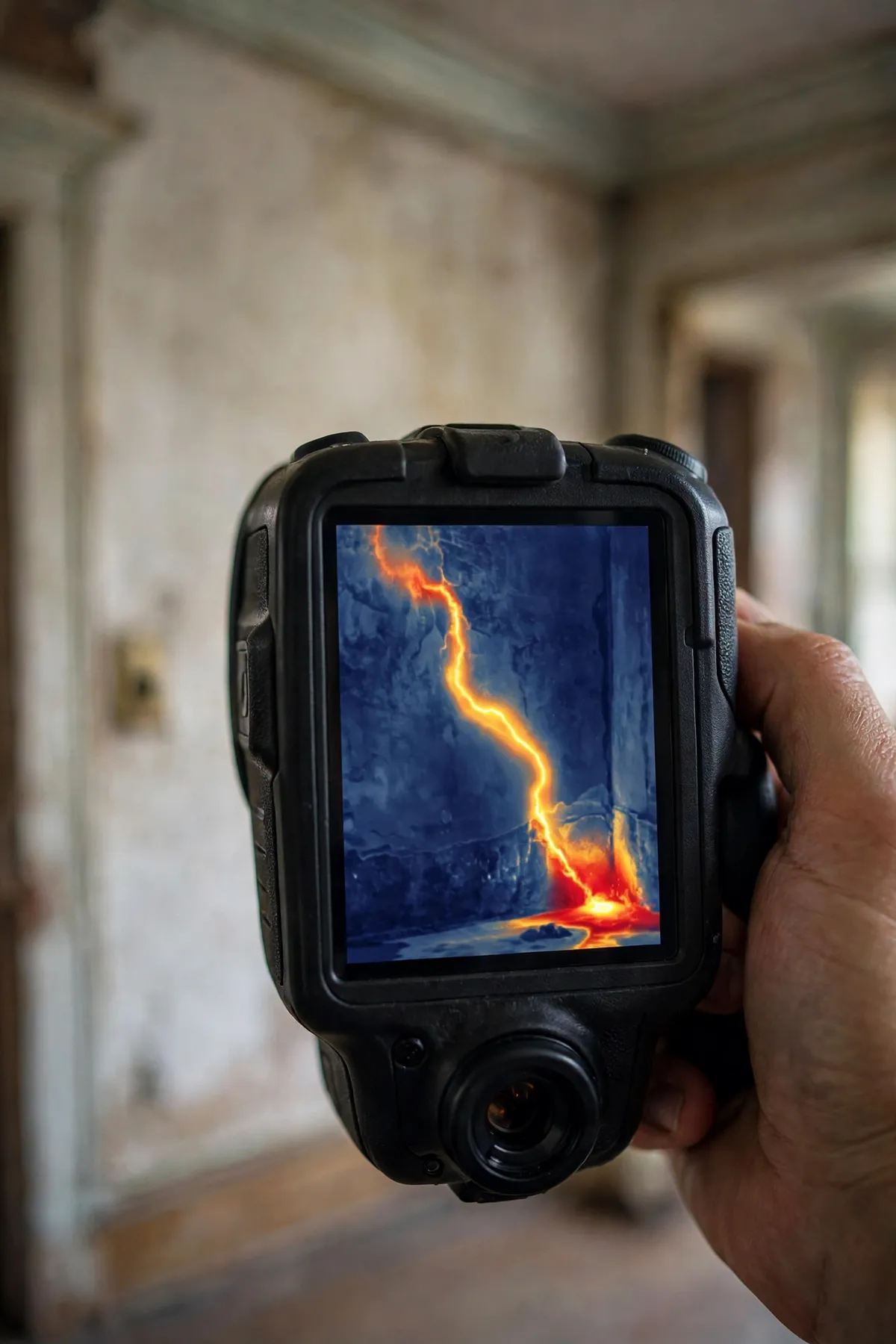 Thermal camera aimed at an older home wall showing a hidden pipe heat signature