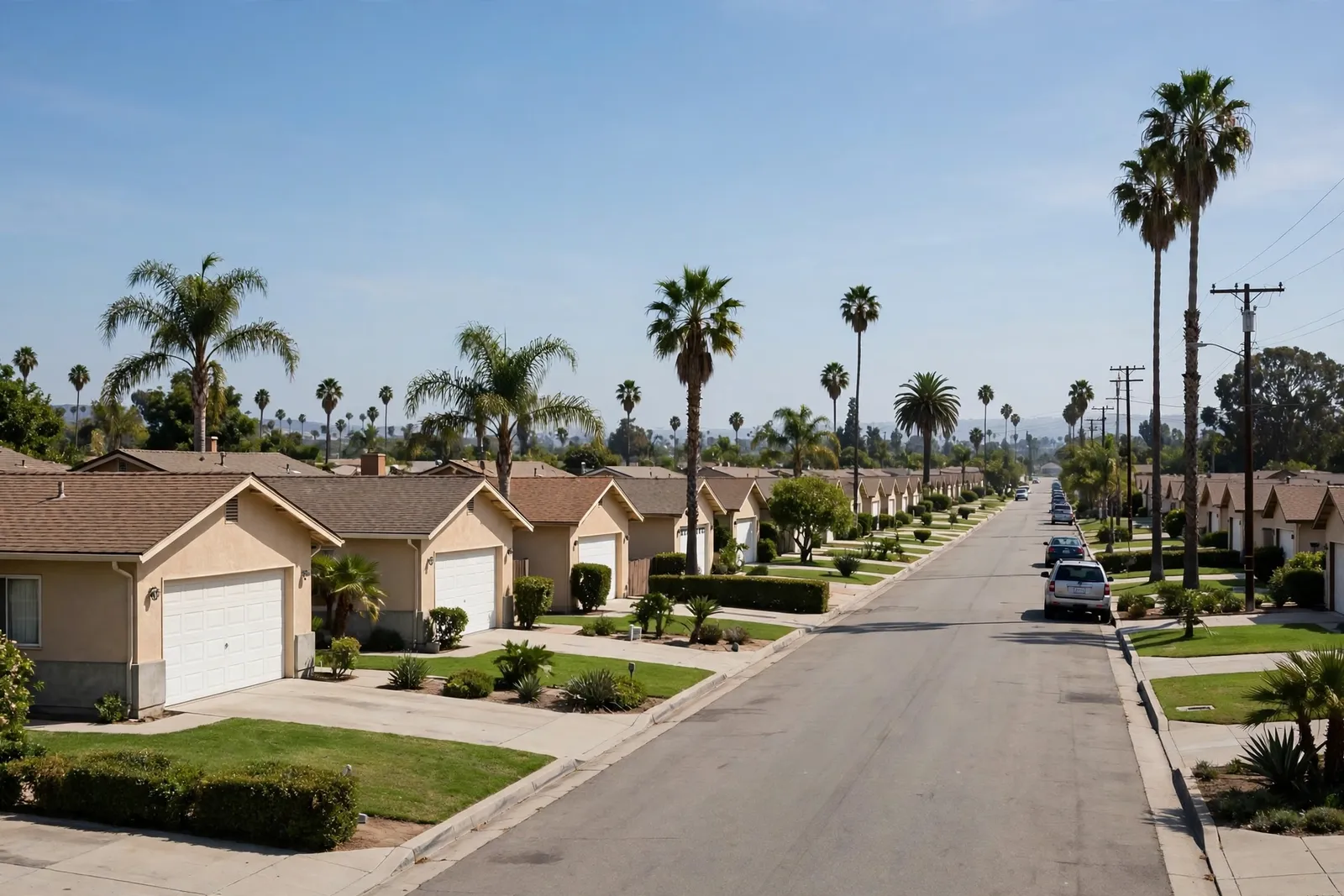 Sunny suburban tract-home street with palm trees and single-story homes