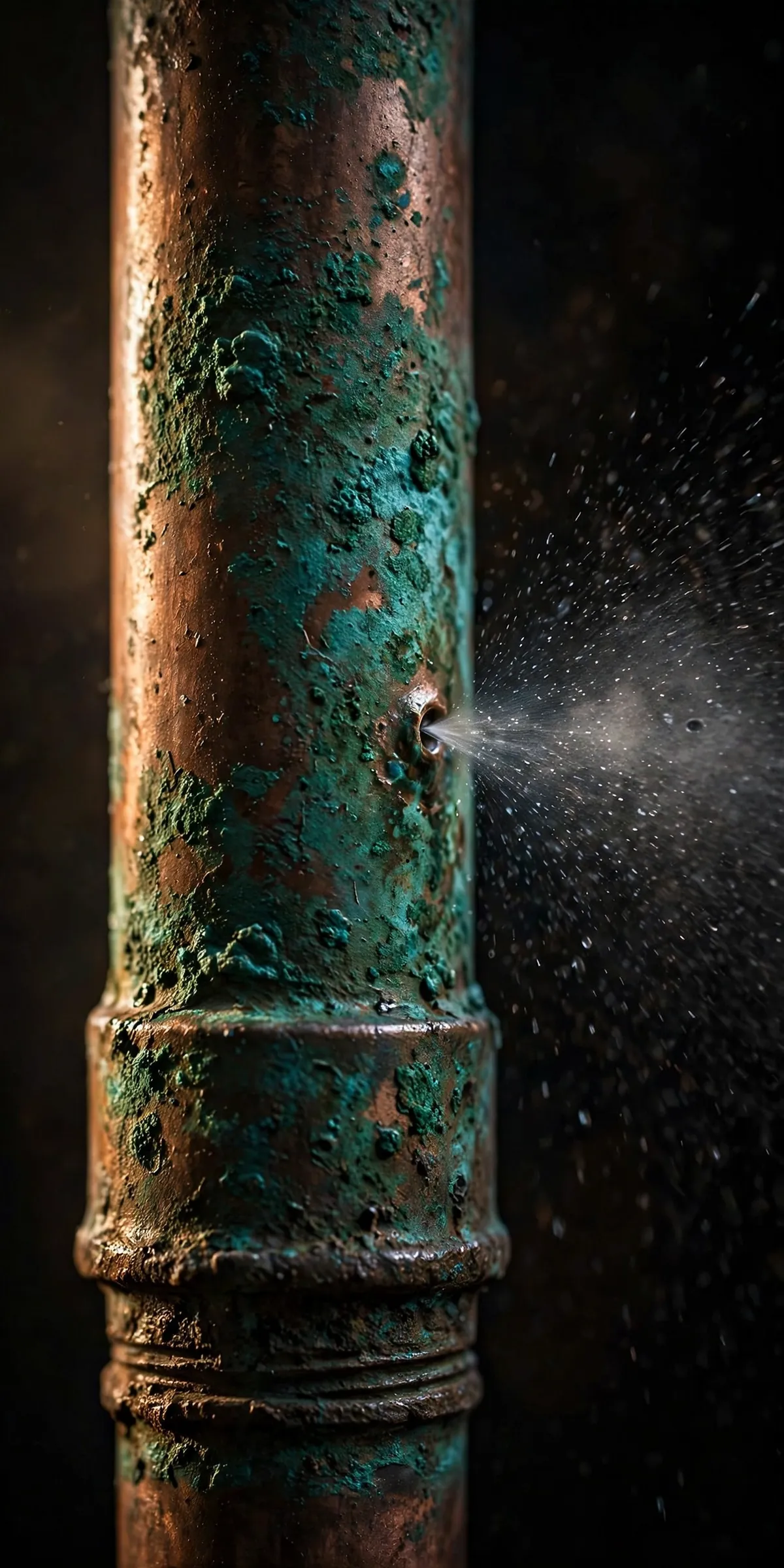 Close-up of a corroded copper pipe with a pinhole leak spraying fine mist