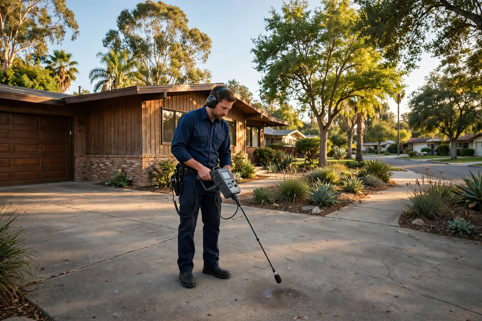 Technician with acoustic listening equipment outside a 1960s ranch home on a tree-lined street