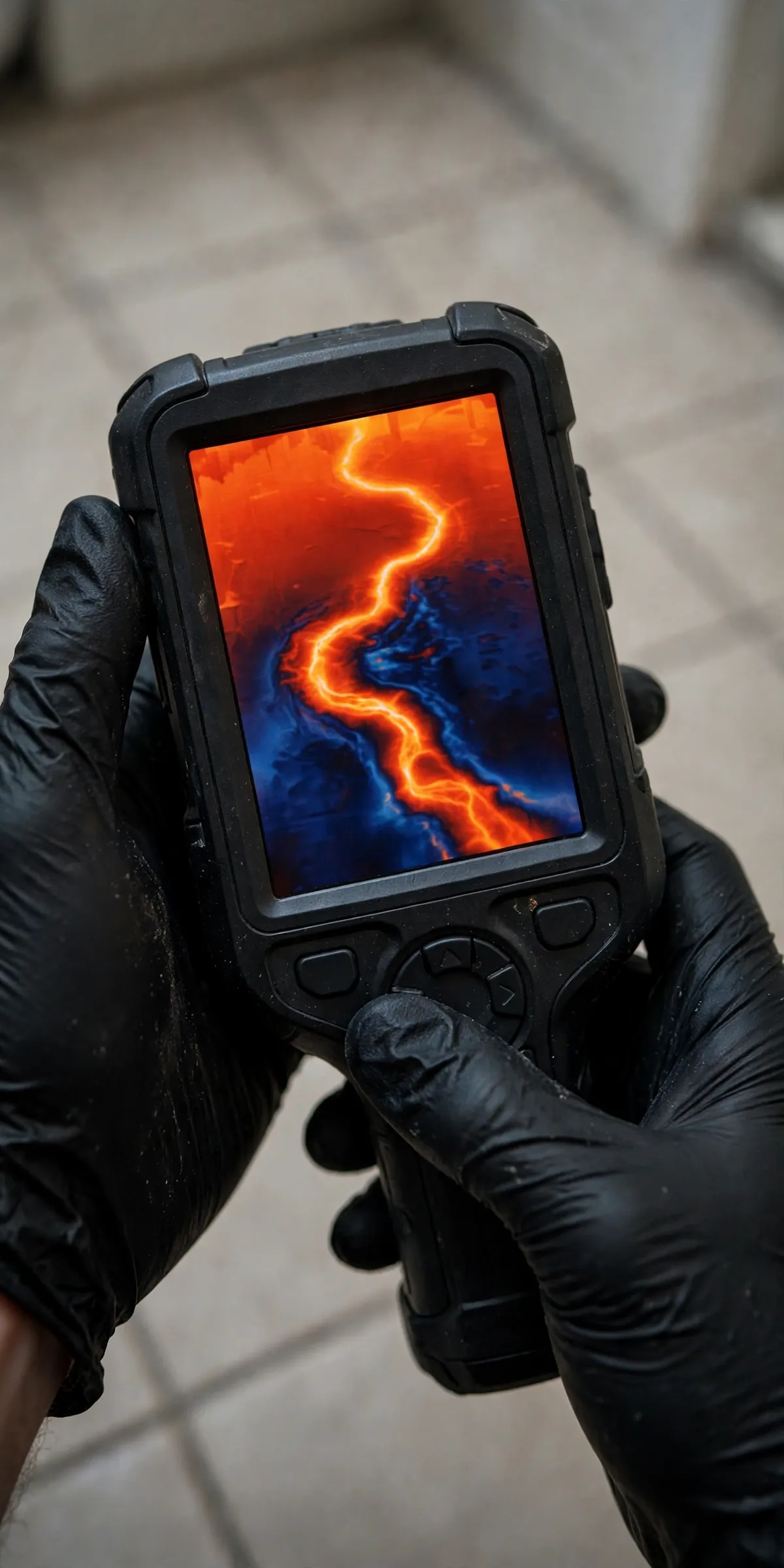 Thermal imaging camera screen revealing a hot water leak pattern under a tile floor