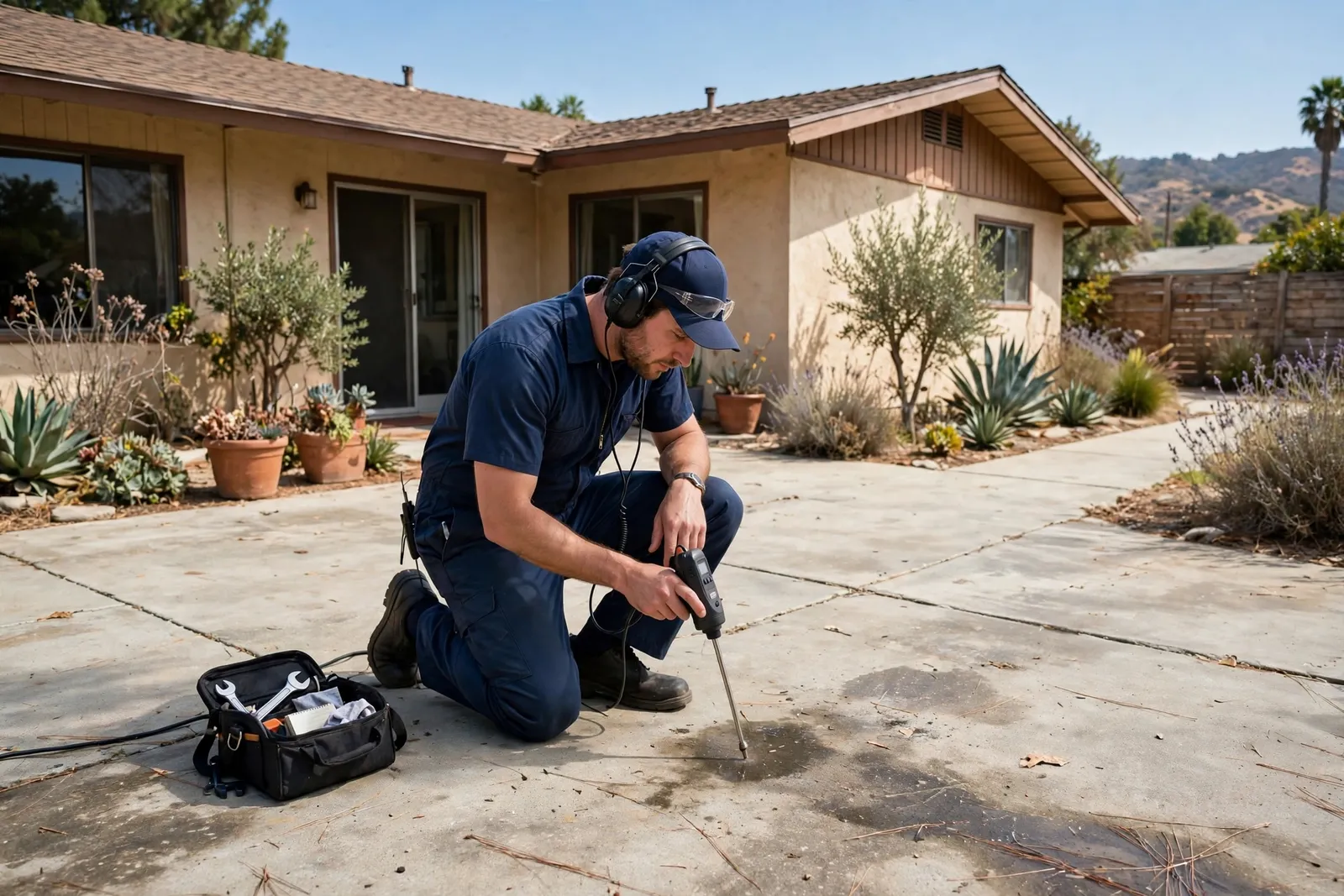 Technician kneeling with an acoustic probe tracing a leak at a 1960s ranch home