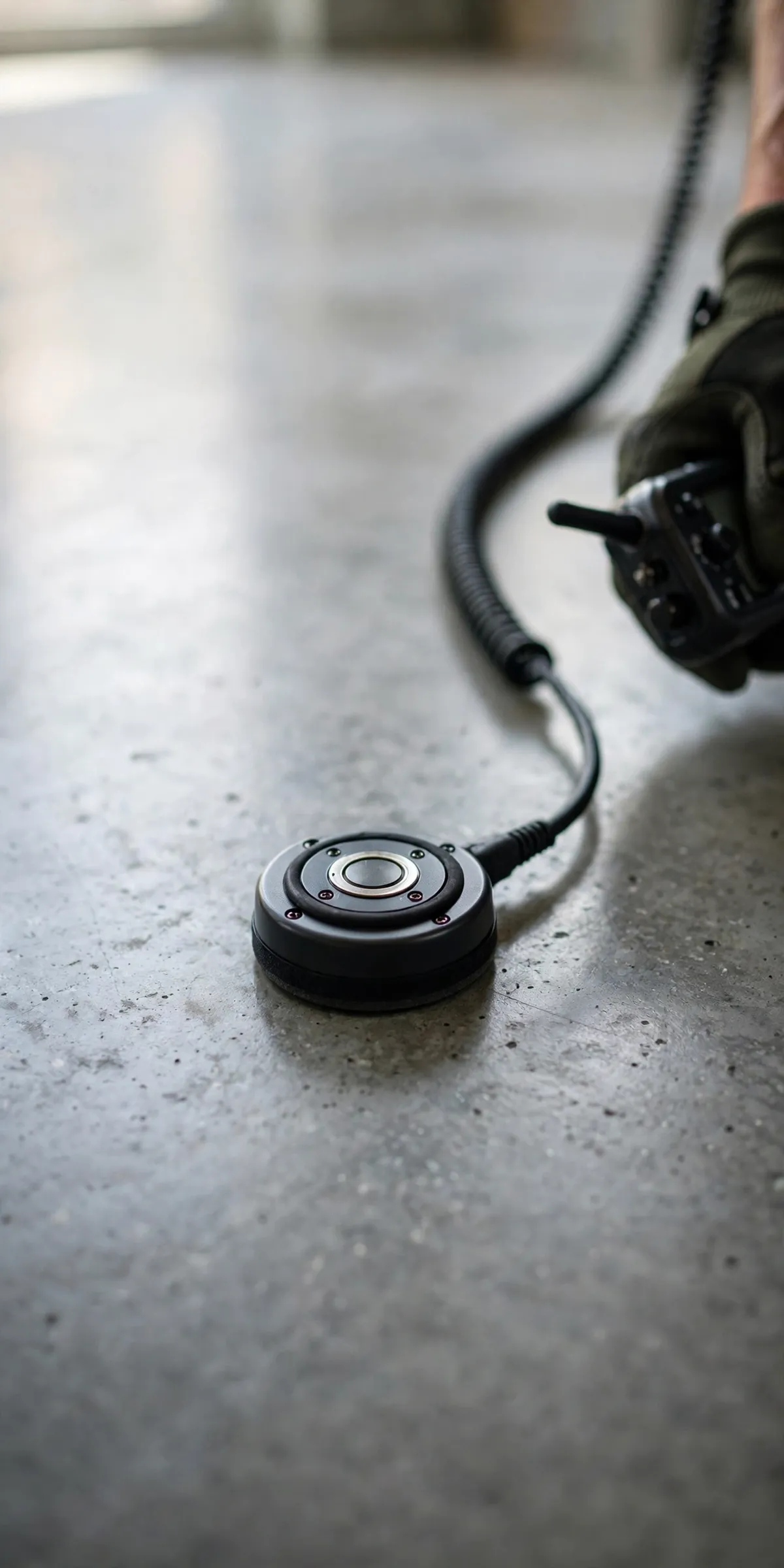 Close-up of an acoustic listening device resting on a concrete slab floor
