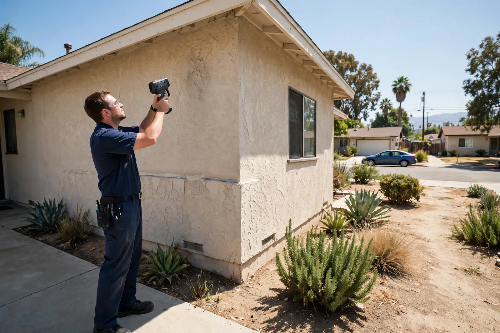 Technician scanning a stucco ranch home exterior with a thermal imaging camera