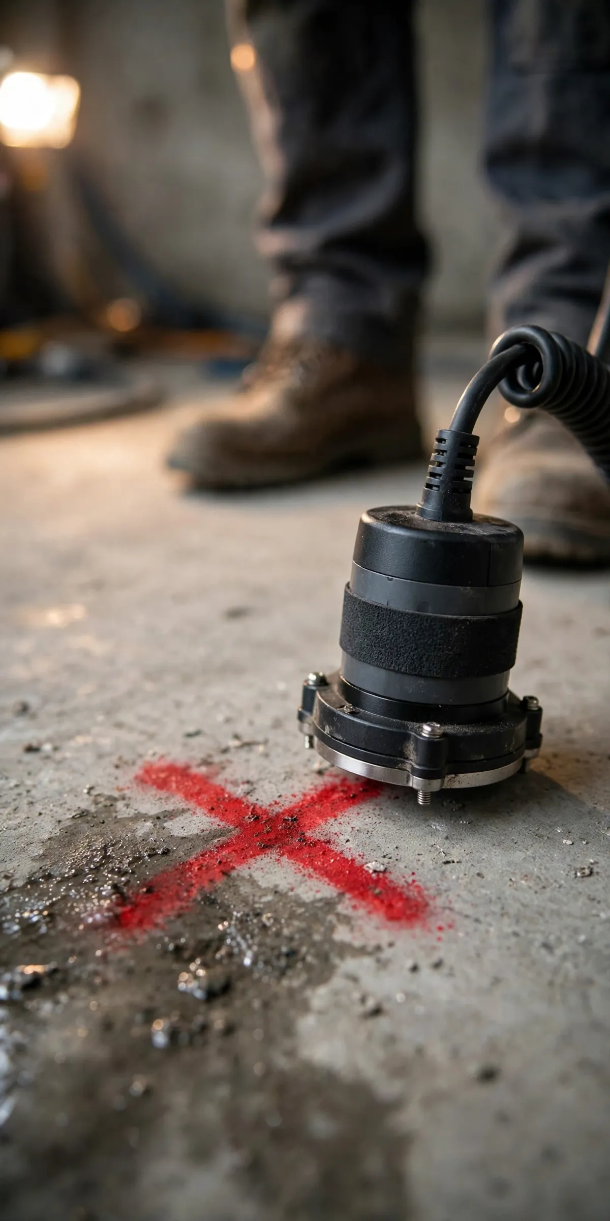 Acoustic sensor beside a red X marking a pinpointed leak spot on concrete