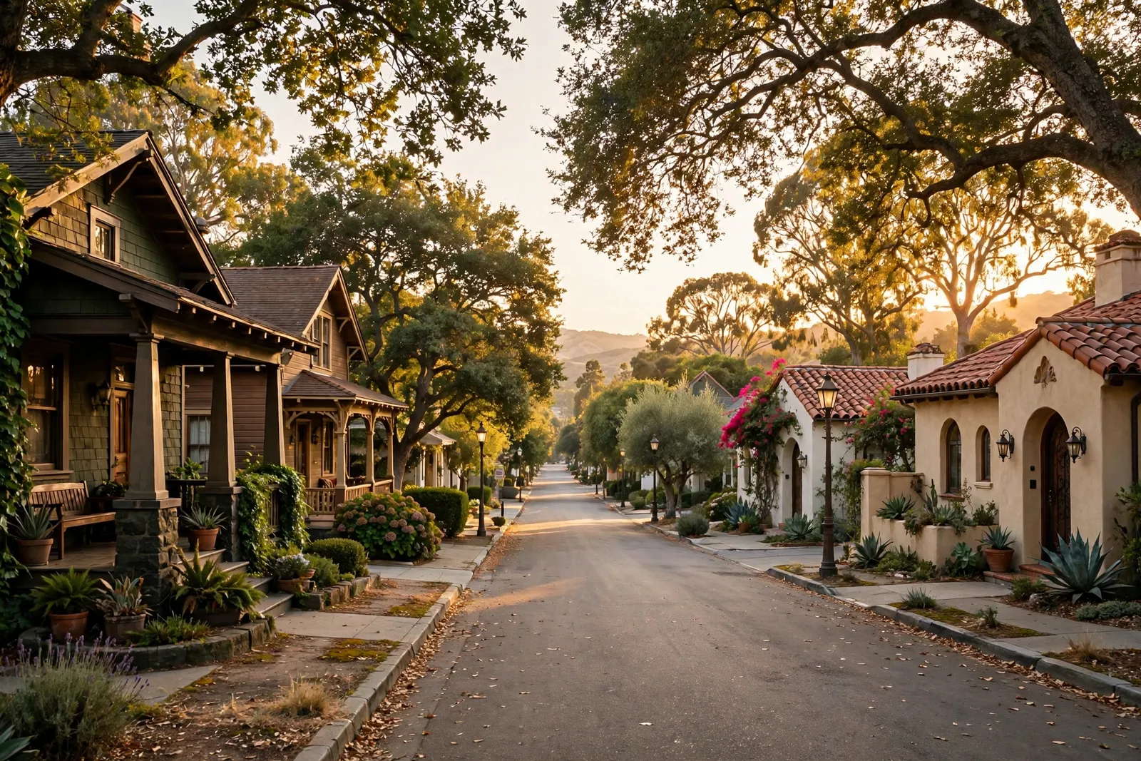 Historic neighborhood street with craftsman and spanish-style homes at golden hour