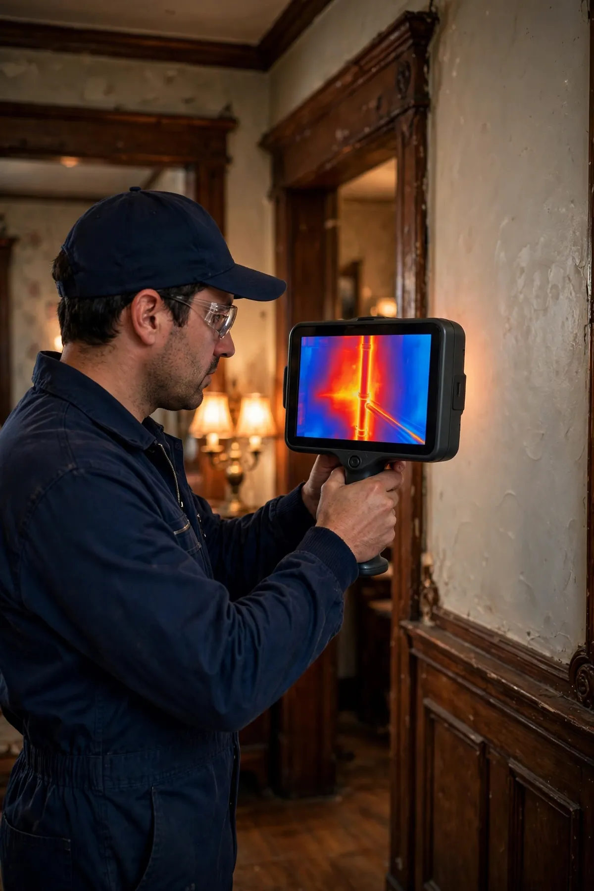 Technician using a thermal imaging camera on an interior wall of an older home