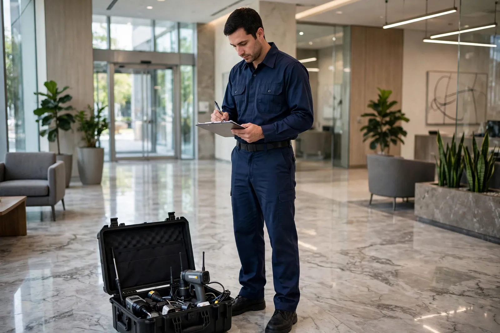Technician noting inspection findings on a clipboard in an office building lobby