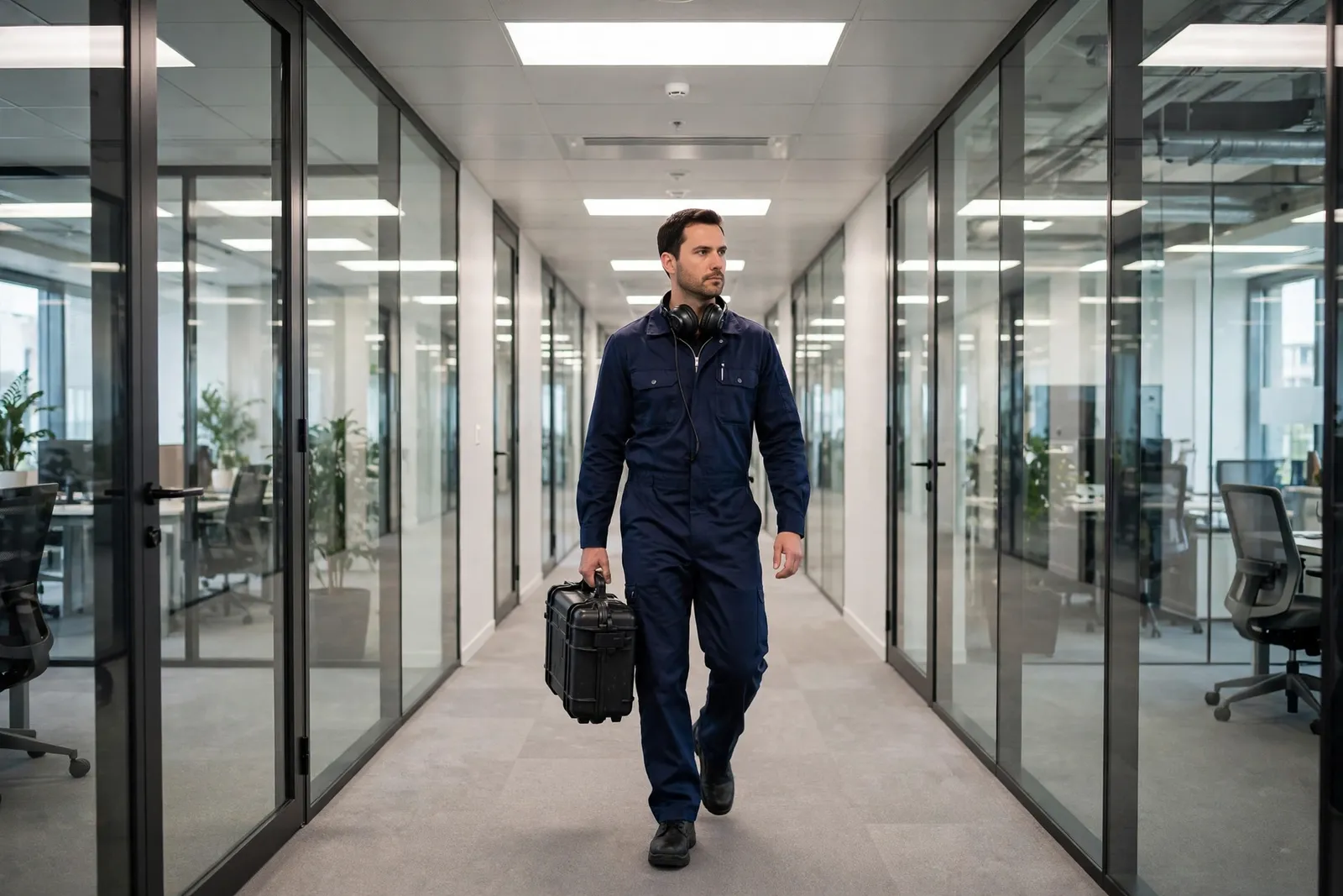 Technician carrying detection equipment down a modern office building hallway