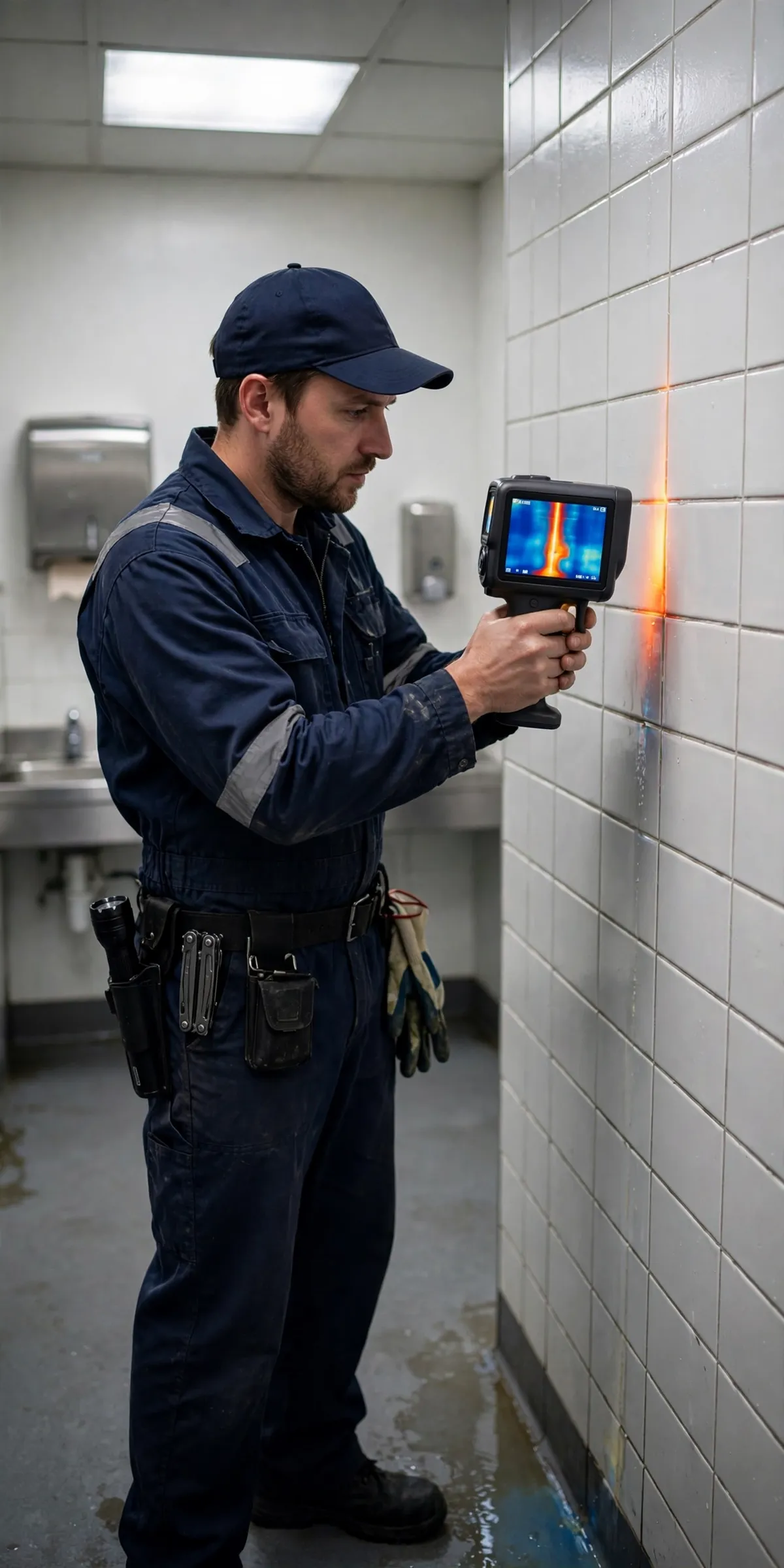 Technician scanning a commercial restroom wall with a thermal imaging camera