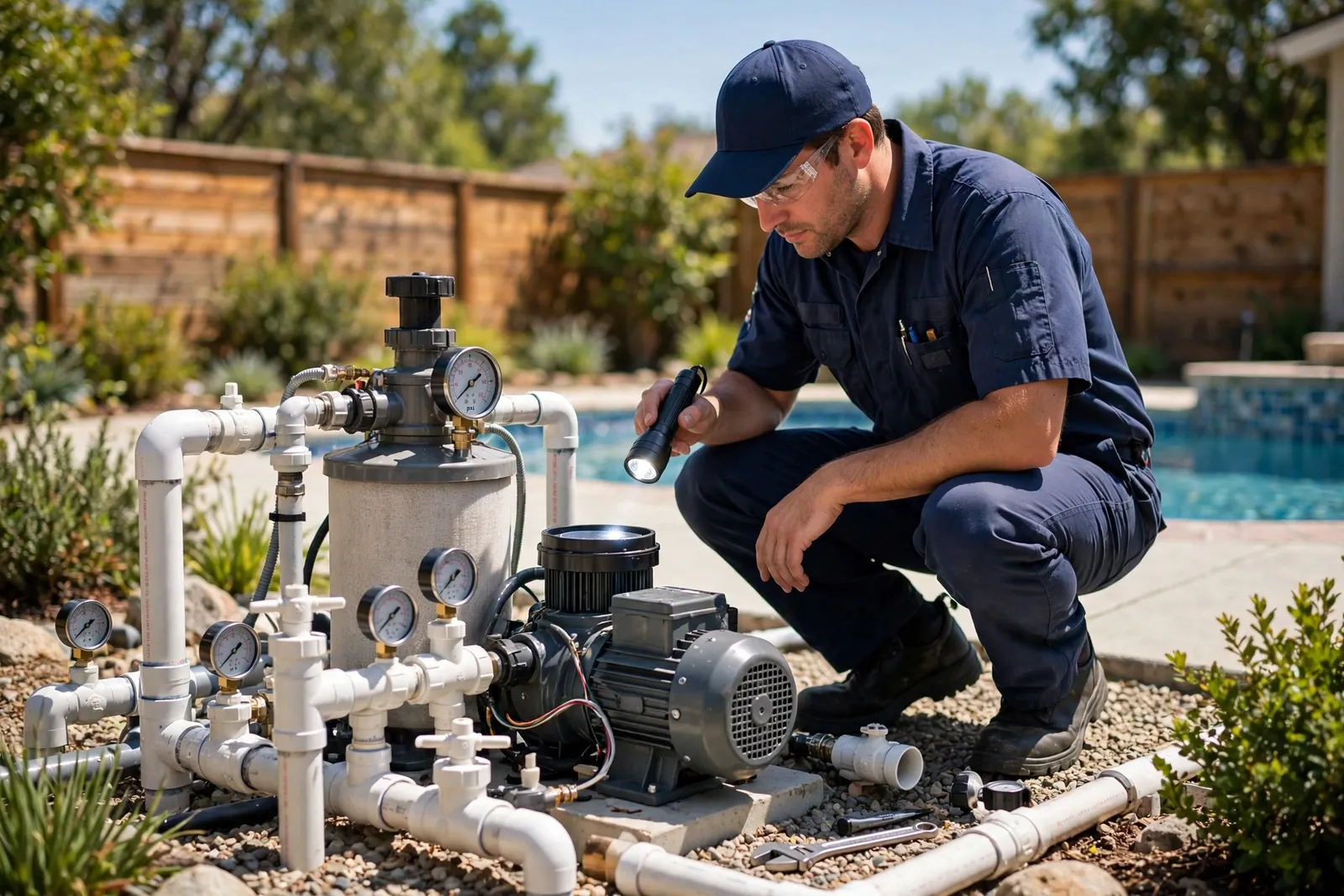 Technician inspecting a pool pump and filter equipment pad with a flashlight