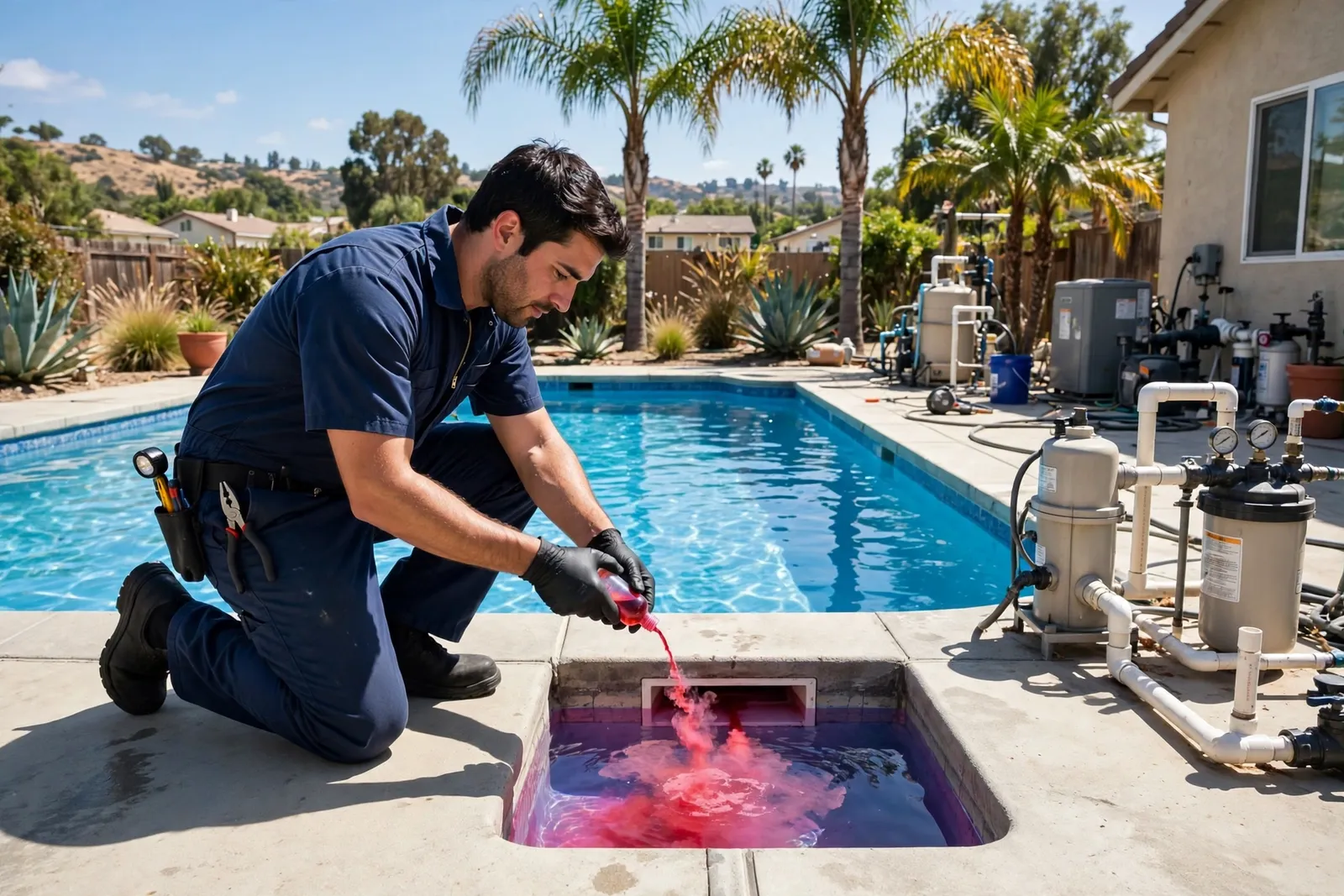 Technician adding dye at a pool skimmer to test for a leak in a backyard pool