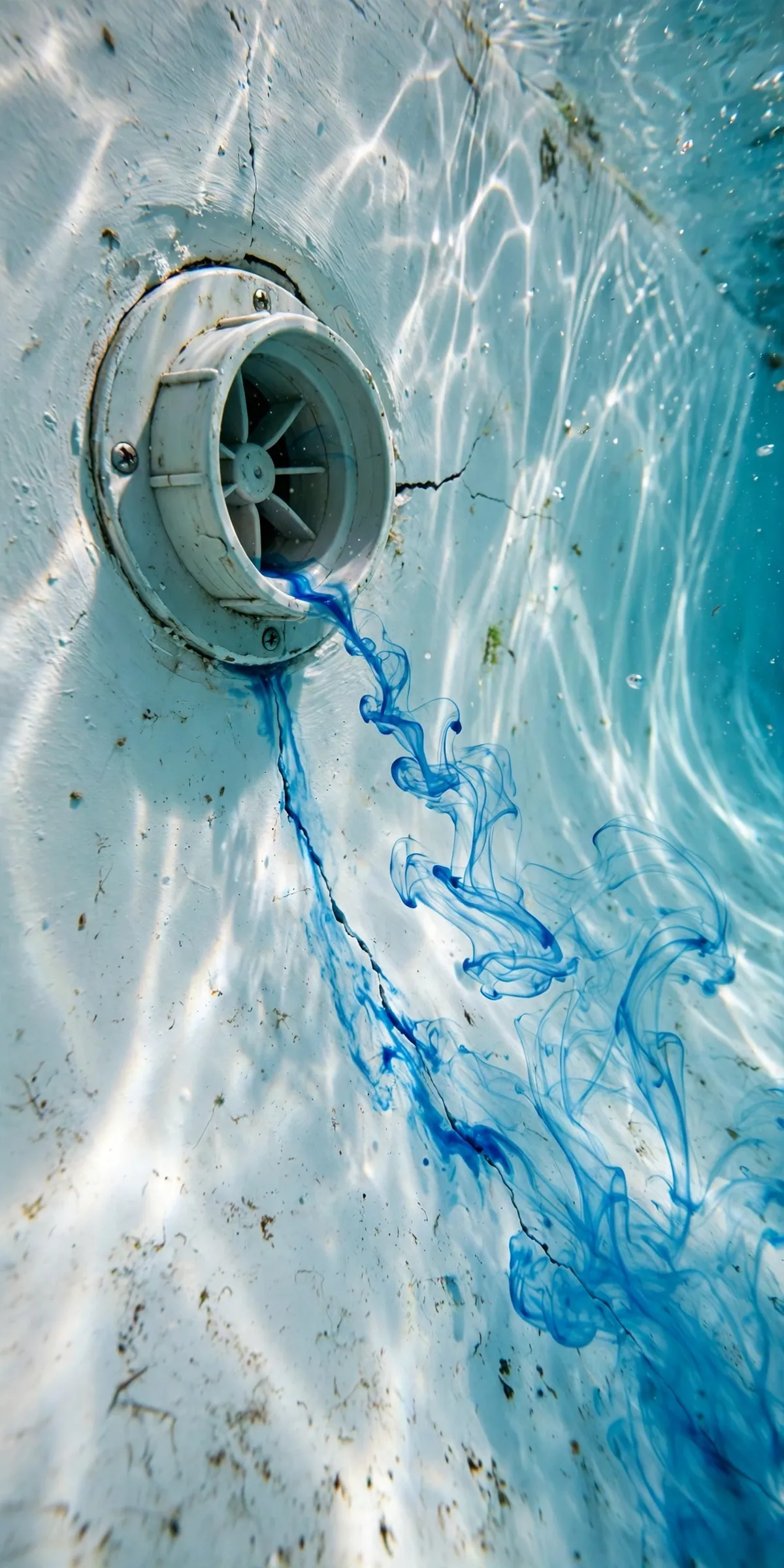Underwater view of blue dye tracing into a crack beside a pool return fitting