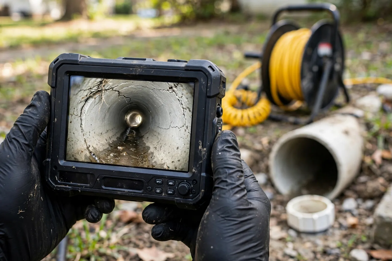 Hands holding a sewer camera monitor showing a cracked pipe interior at a cleanout