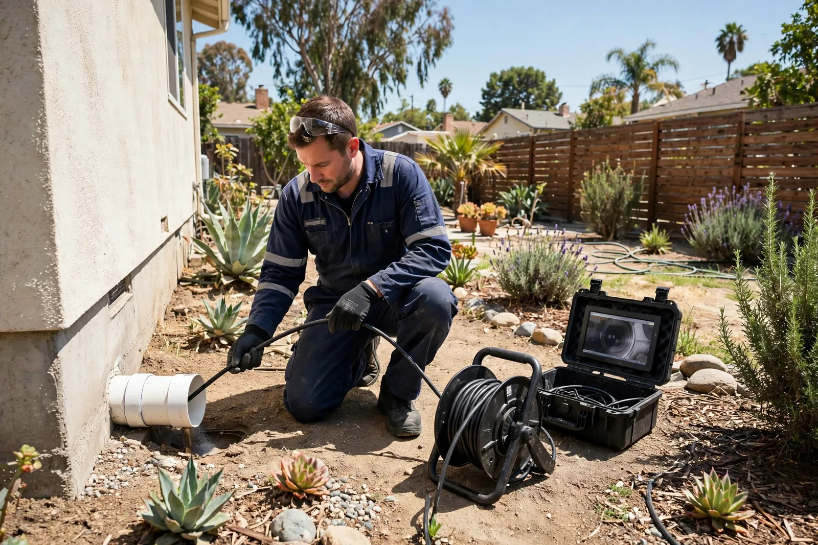 Technician feeding a sewer camera cable into a cleanout pipe beside a house