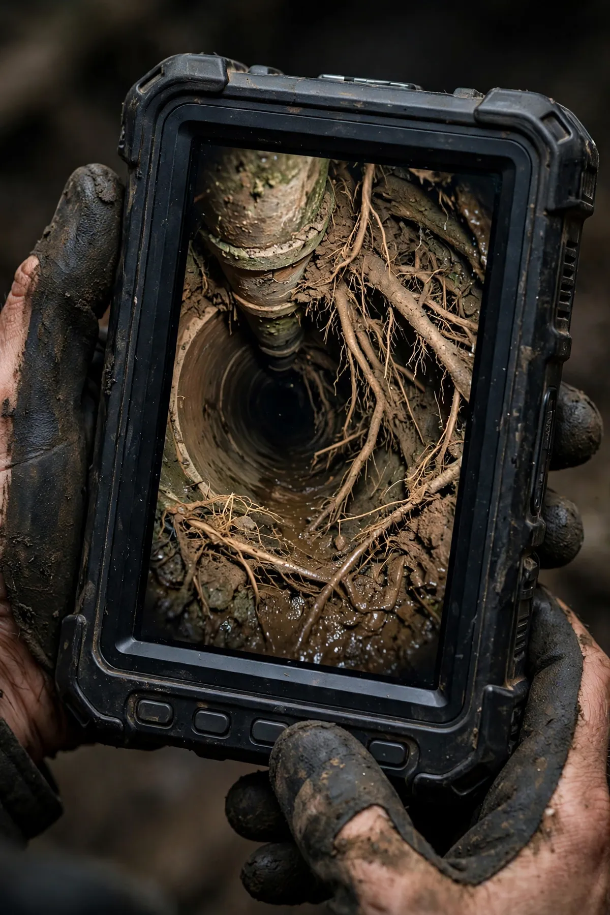 Camera monitor showing tree root intrusion inside a clay sewer pipe