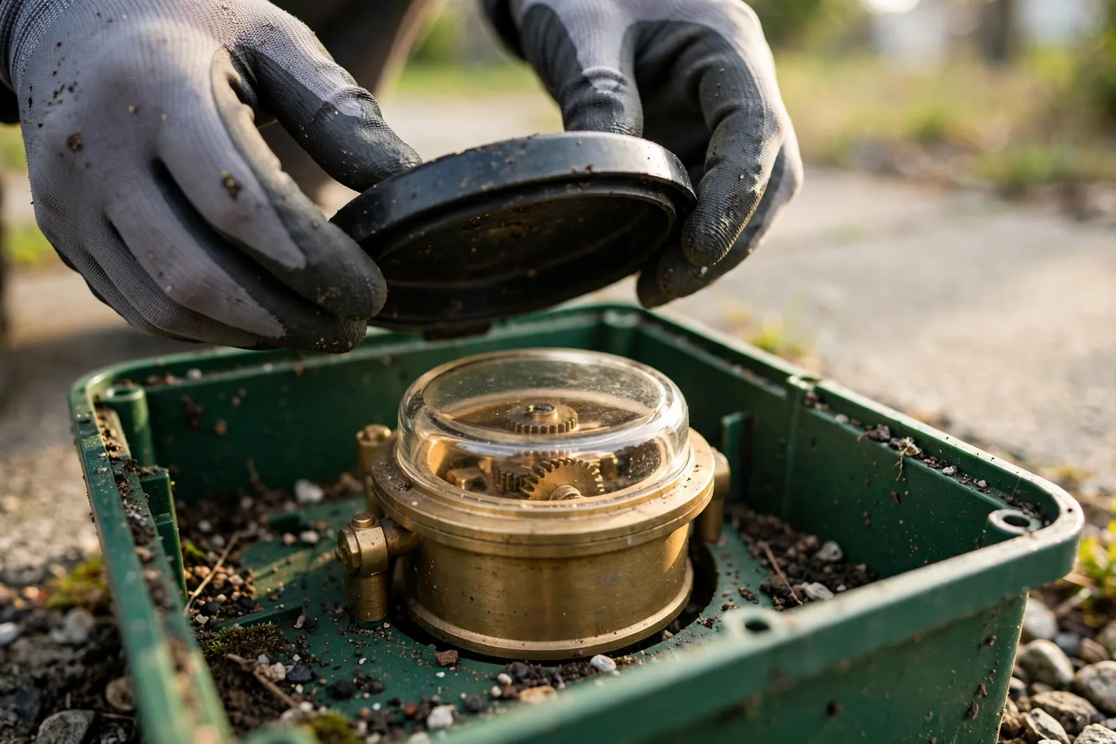 Gloved hands opening a residential water meter box at the sidewalk