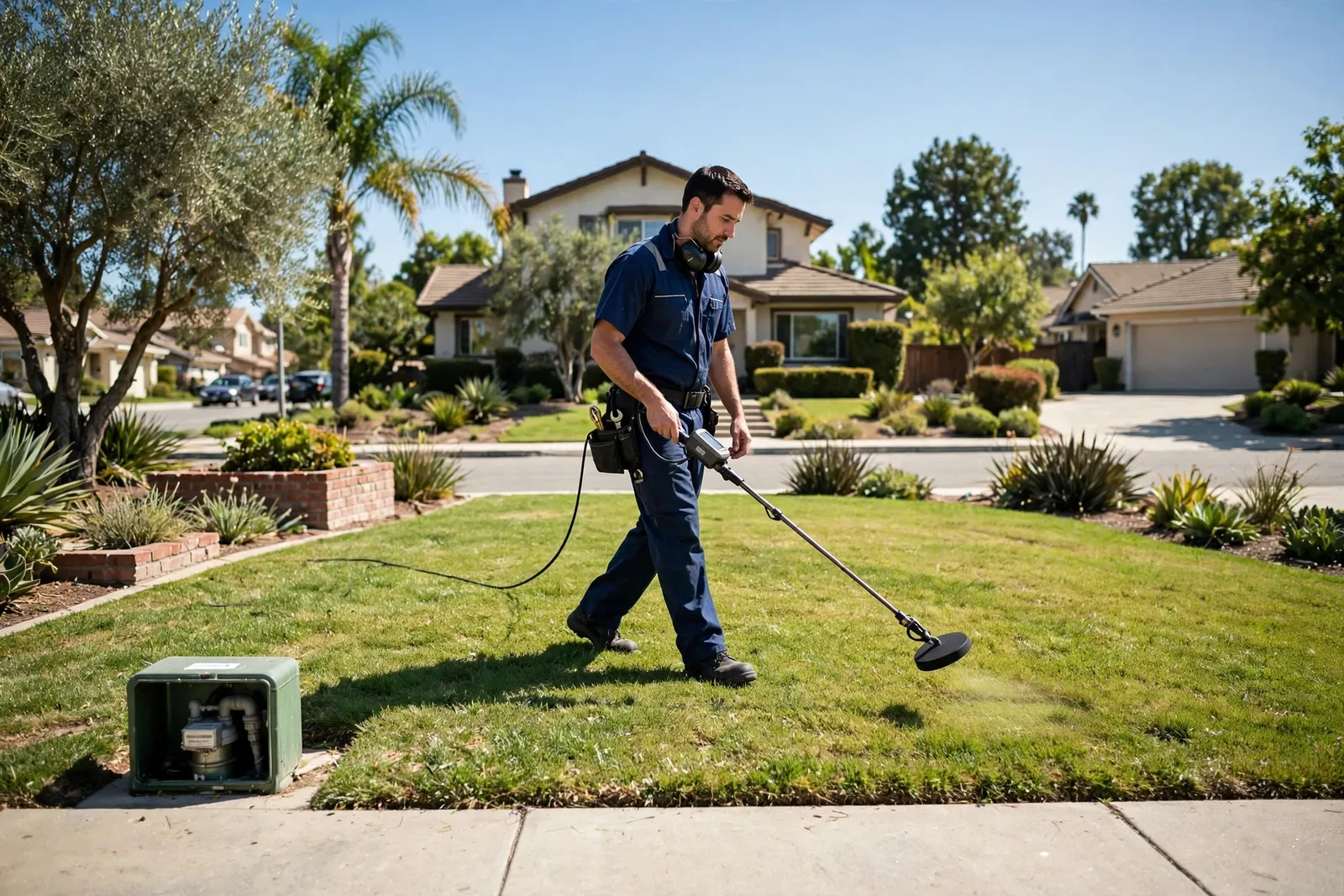 Technician sweeping an acoustic sensor across a front lawn to trace a buried water line