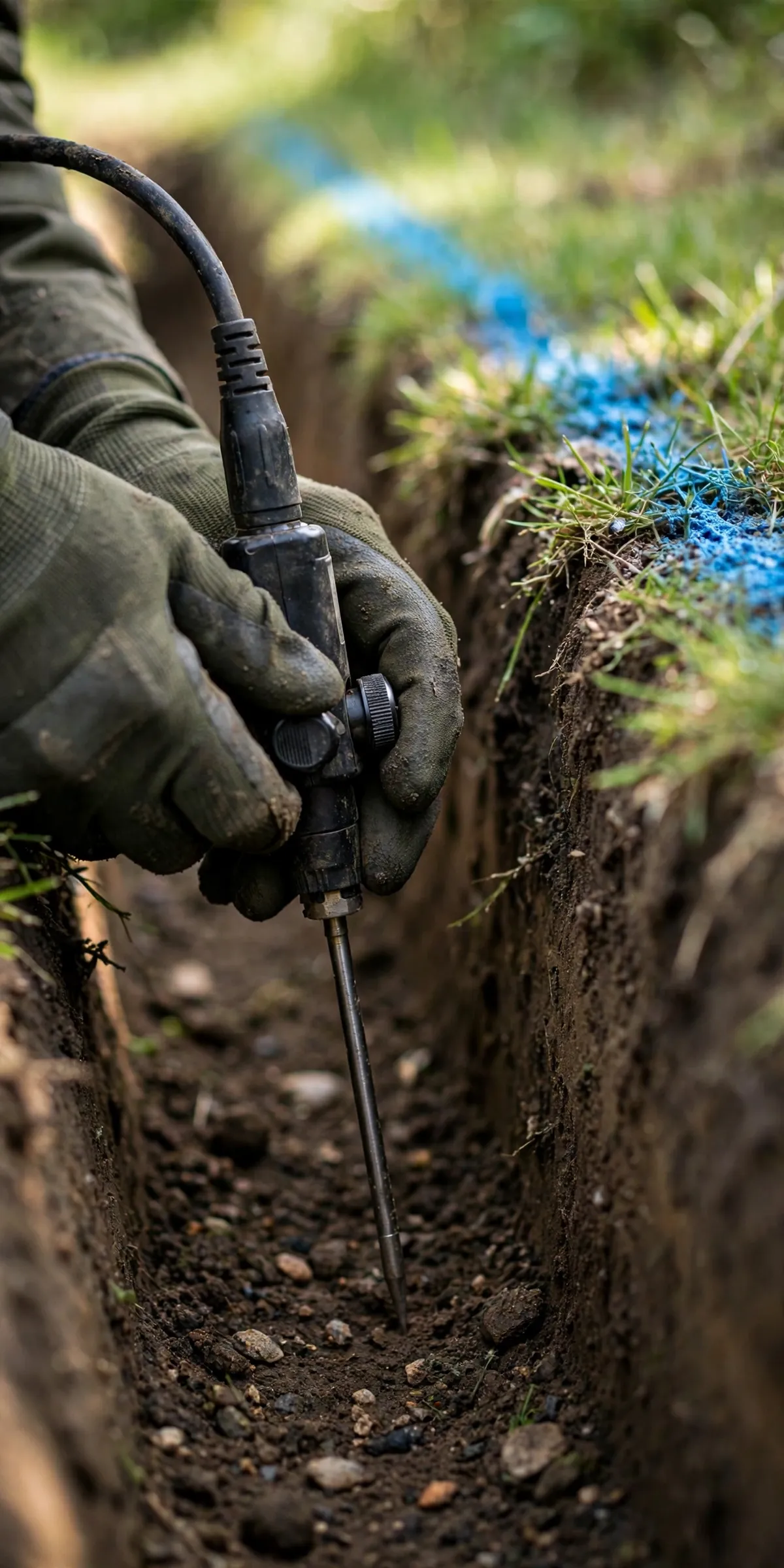 Close-up of a leak detection probe in a trench beside a marked pipe path in grass
